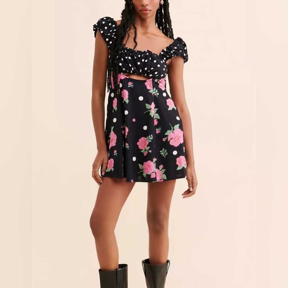 Free People Black Mini Dress with Pink Floral & White Polka Dots